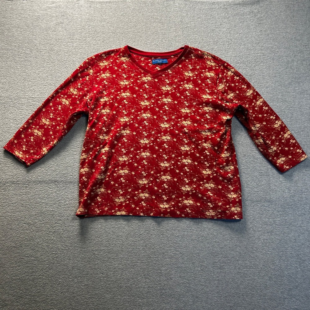 Knit 3/4 Sleeve Womens L/XL Red Floral Casual Top Karen Scott Sport